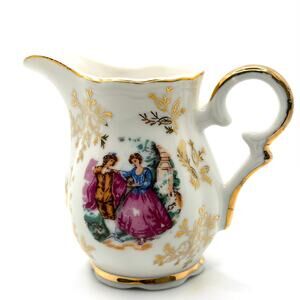 Vintage 50s White Porcelain Rococo Gilt Courting Couple Creamer